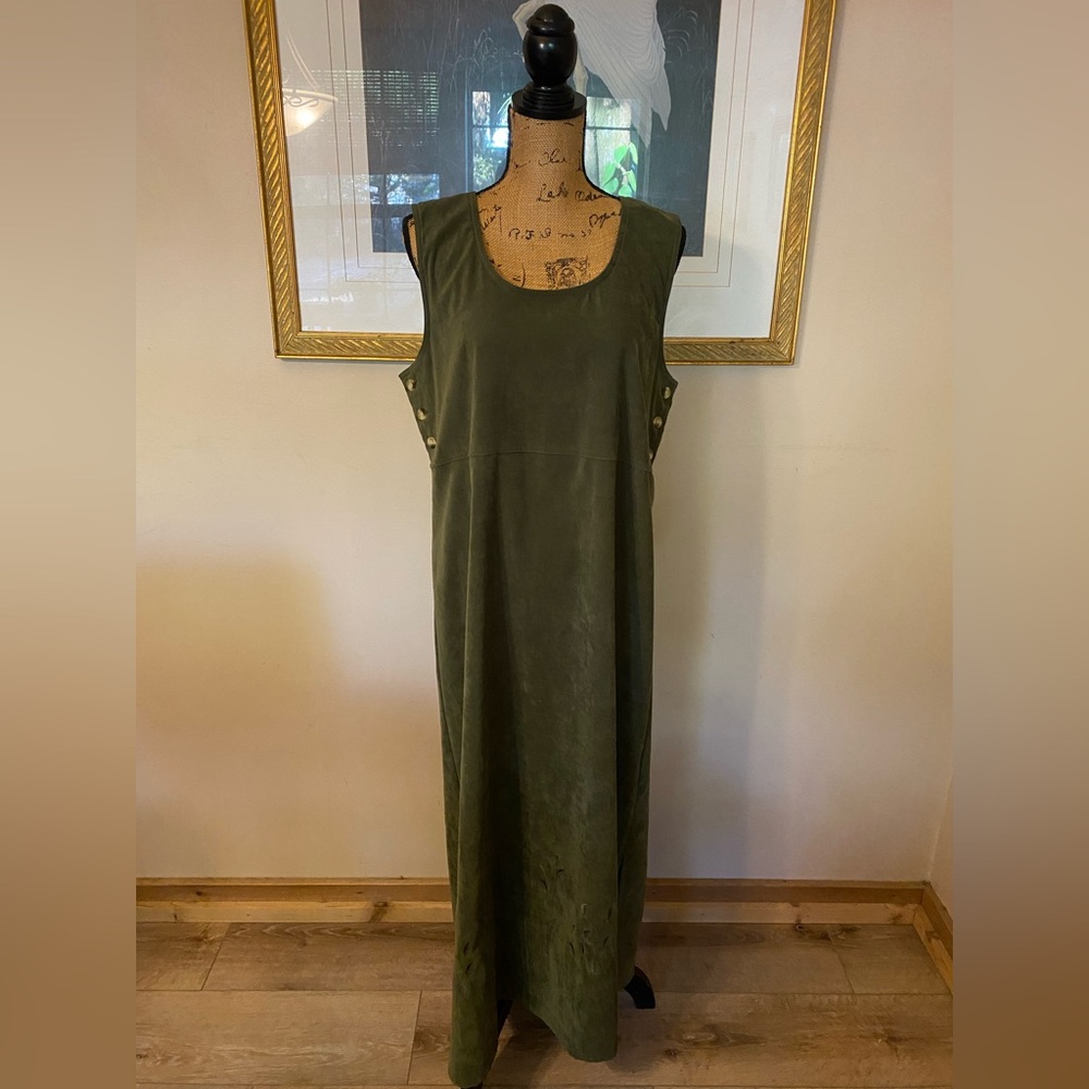 Jane Ashley Women’s L Maxi Jumper Dress Olive Faux Suede Cottagecore Vintage 90s